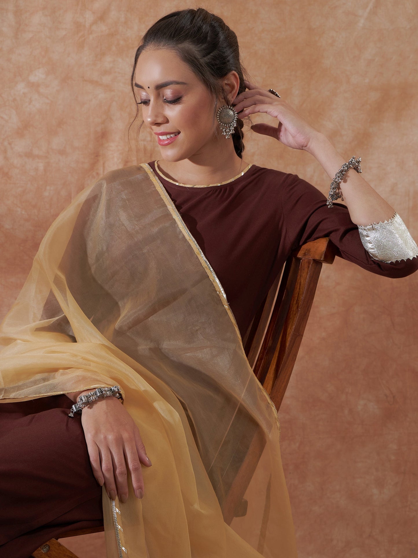 InWeave Women's Brown Gota Work Anarkali Kurta Set W Dupatta - Swadesiicart