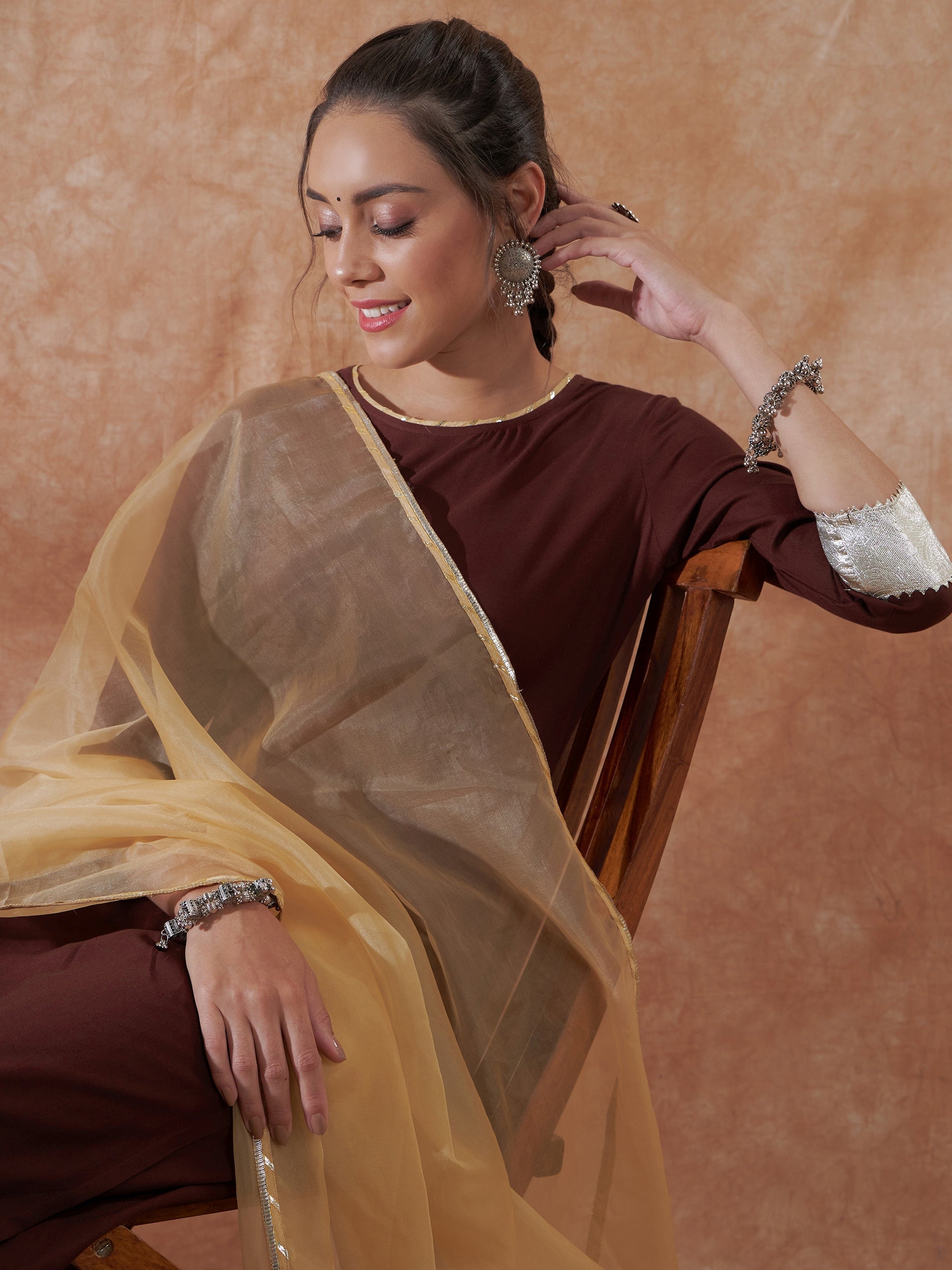 InWeave Women's Brown Gota Work Anarkali Kurta Set W Dupatta - Swadesiicart