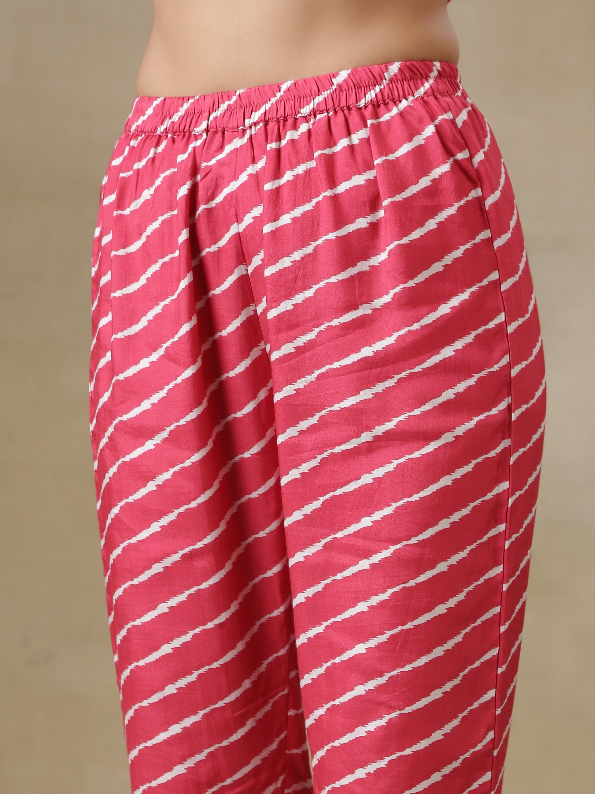 trueBrowns Pink Bandhani Printed Silk Anarkali Kurta Pant Dupatta Set | Swadesiicart