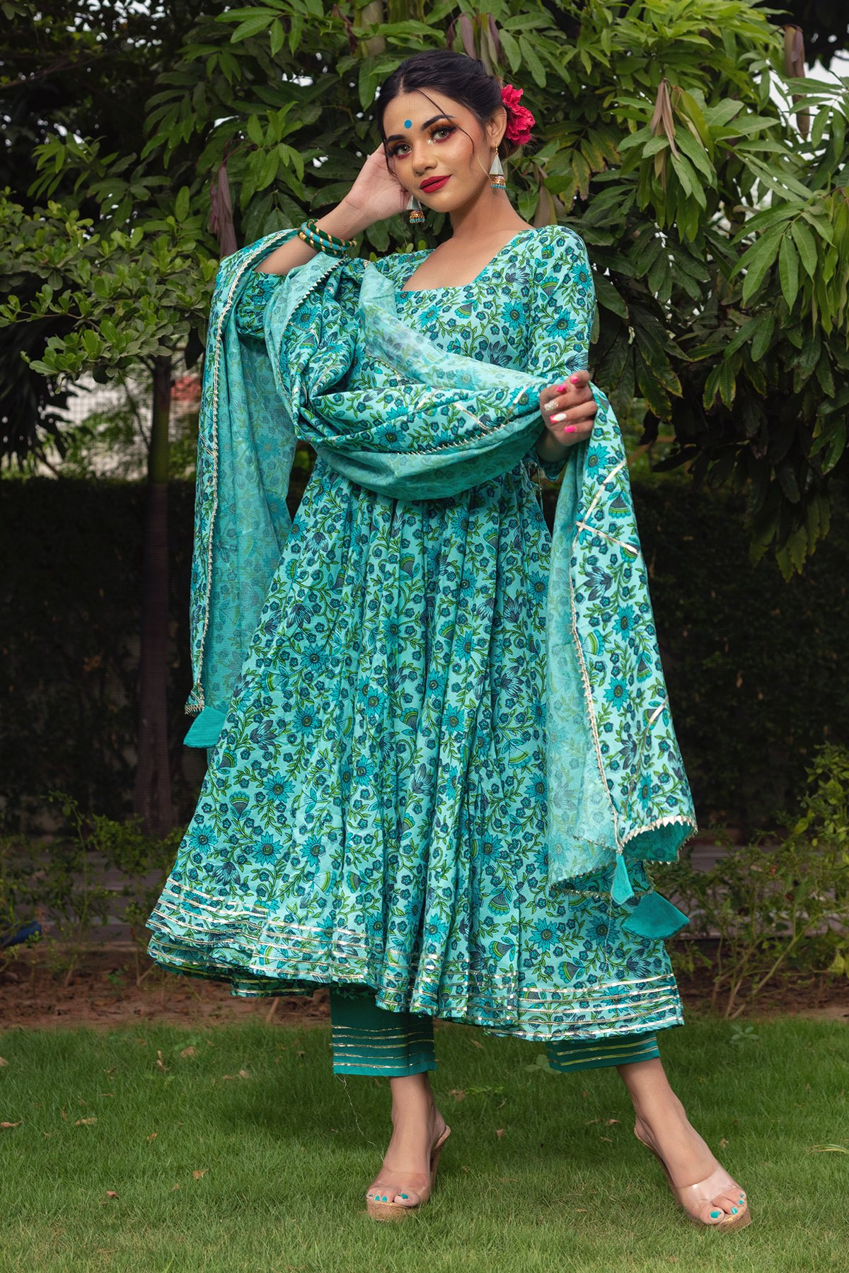 Pomcha Jaipur Morni Hand Block Cotton Anarkali Set | Swadesiicart