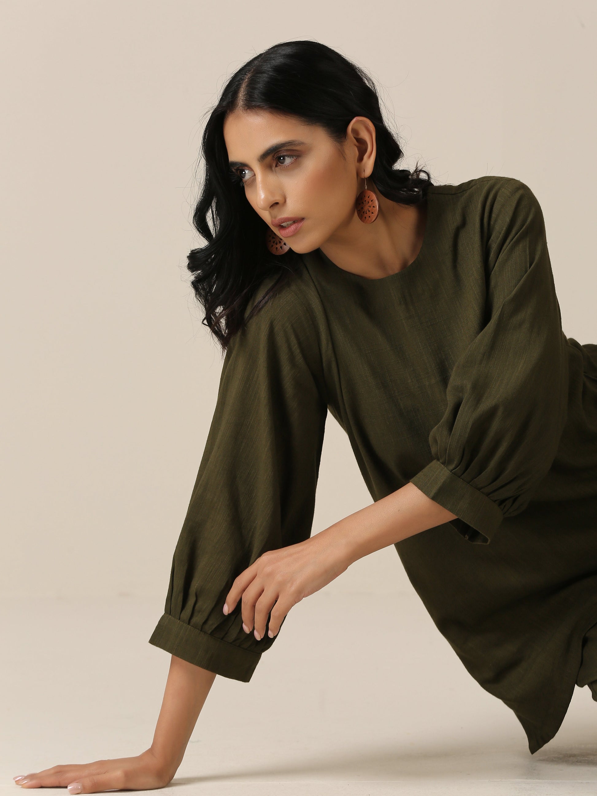 trueBrowns Olive Green Slub Texture Baggy Sleeve Co-Ord Set - Swadesiicart