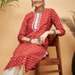 InWeave Women's Rust Small Floral Print Lace Straight Kurta Pant Set - Swadesiicart