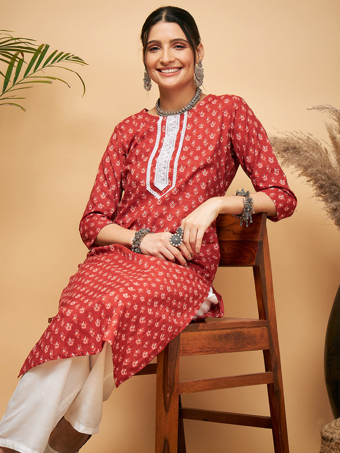 InWeave Women's Rust Small Floral Print Lace Straight Kurta Pant Set - Swadesiicart
