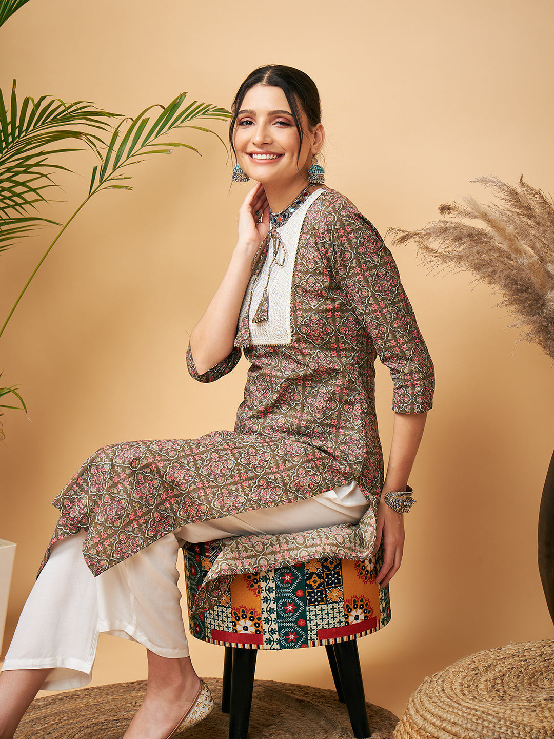 InWeave Women's Green Red Ajrakh Print Cotton Patch Work Straight Kurta Pant Set - Swadesiicart