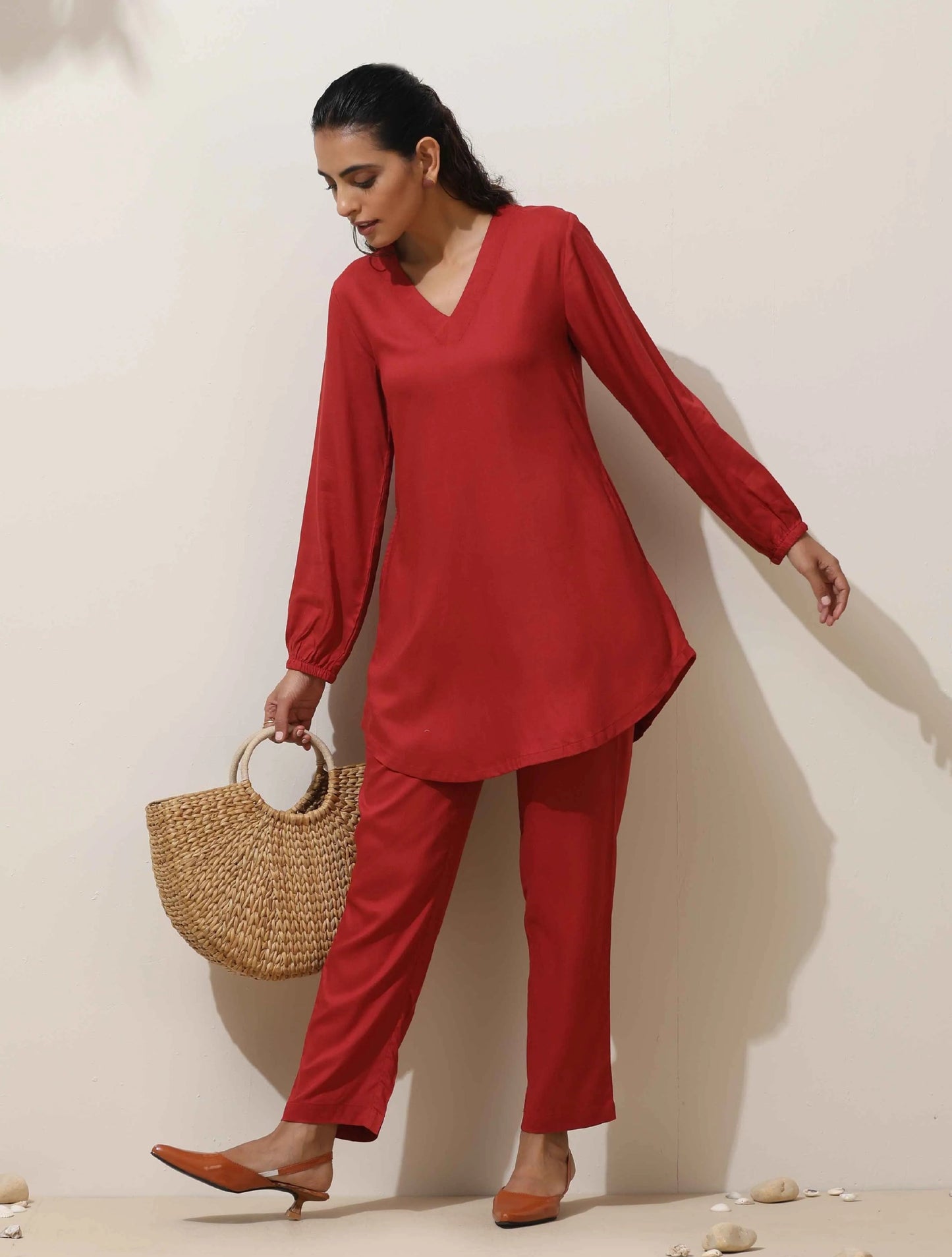 trueBrowns Maroon Viscose Co-ord Set - Swadesiicart