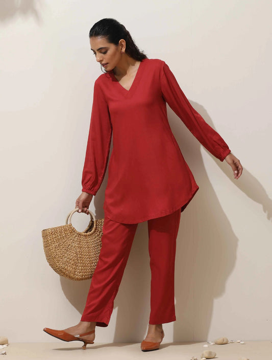 trueBrowns Maroon Viscose Co-ord Set - Swadesiicart