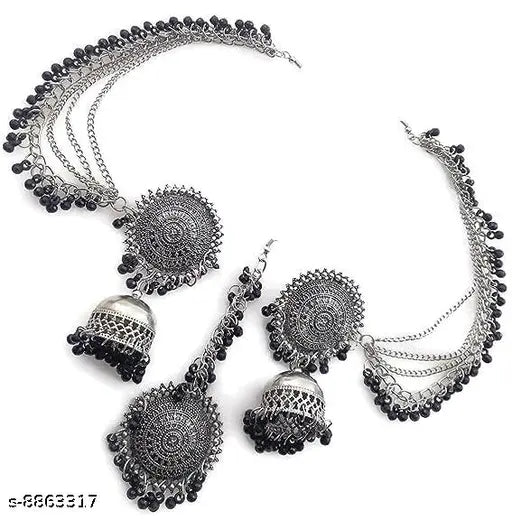 Tehzeeb Creations Women's Silver And Black Colour Oxidised Earrings With Tikka | Swadesiicart