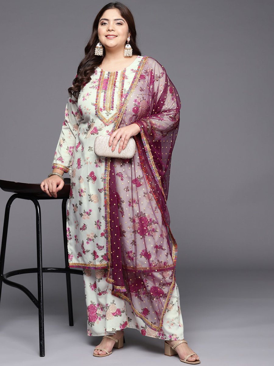 Ahalyaa Plus Size Floral Printed Zari Kurta with Palazzos & With Dupatta | Swadesiicart