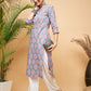 InWeave Women's Blue Pink Print Angrakha Style Straight Kurta Pant Set - Swadesiicart