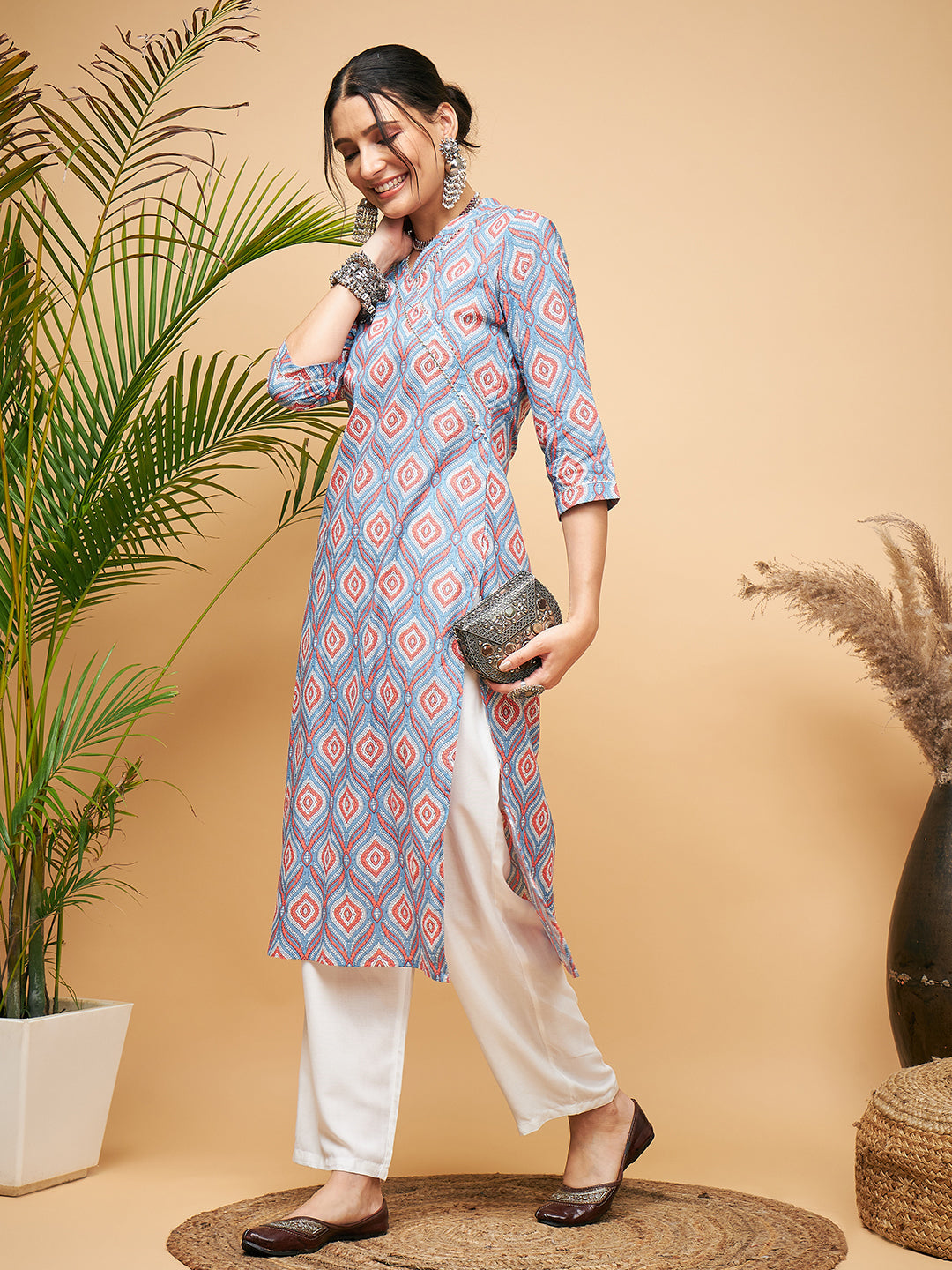 InWeave Women's Blue Pink Print Angrakha Style Straight Kurta Pant Set - Swadesiicart