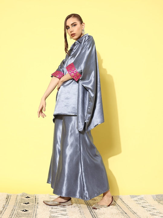 InWeave Women's Grey Pink Brocade Satin Boho Kurta Palazzo Set - Swadesiicart