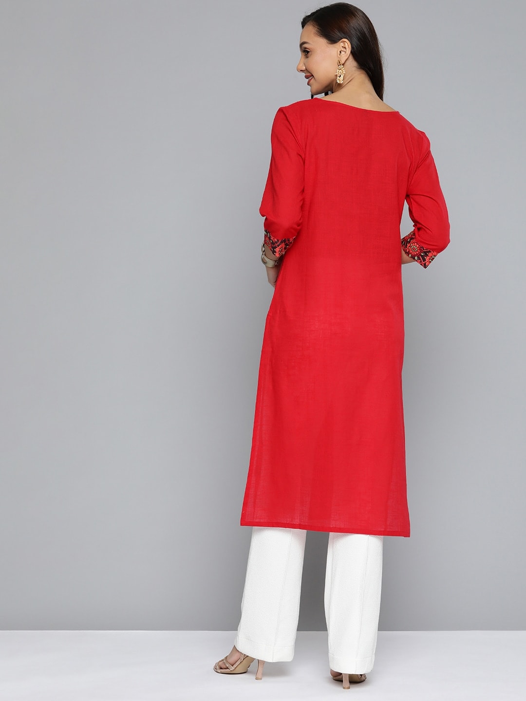 HERE&NOW Women Red & Black Yoke Design Pure Cotton Kurta - Swadesiicart