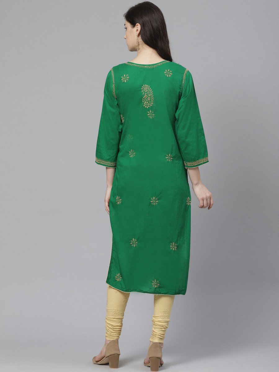 ADA Women Green & Beige Chikankari Embroidered Sustainable Handloom Kurta with Churidar | Swadesiicart