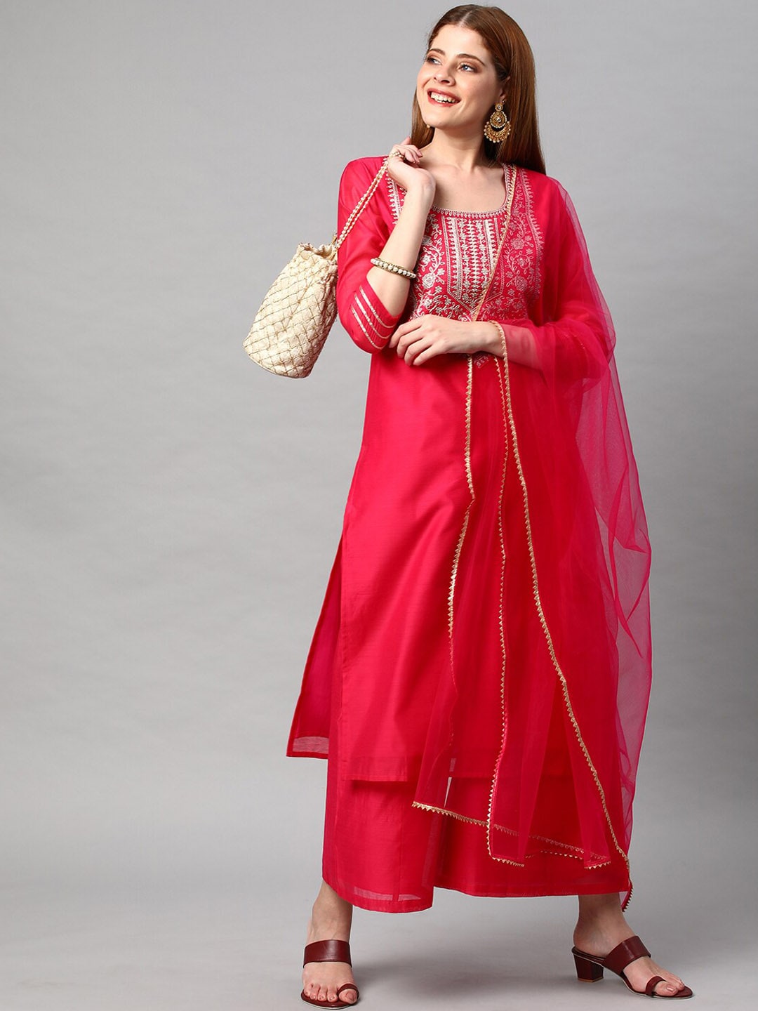 Kalini Women Floral Yoke Design Gotta Patti Kurta With Sharara & Dupatta | Swadesiicart