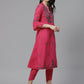 ADA Women Pink & Charcoal Grey Chikankari Embroidered Sustainable Handloom Kurta with Trousers | Swadesiicart