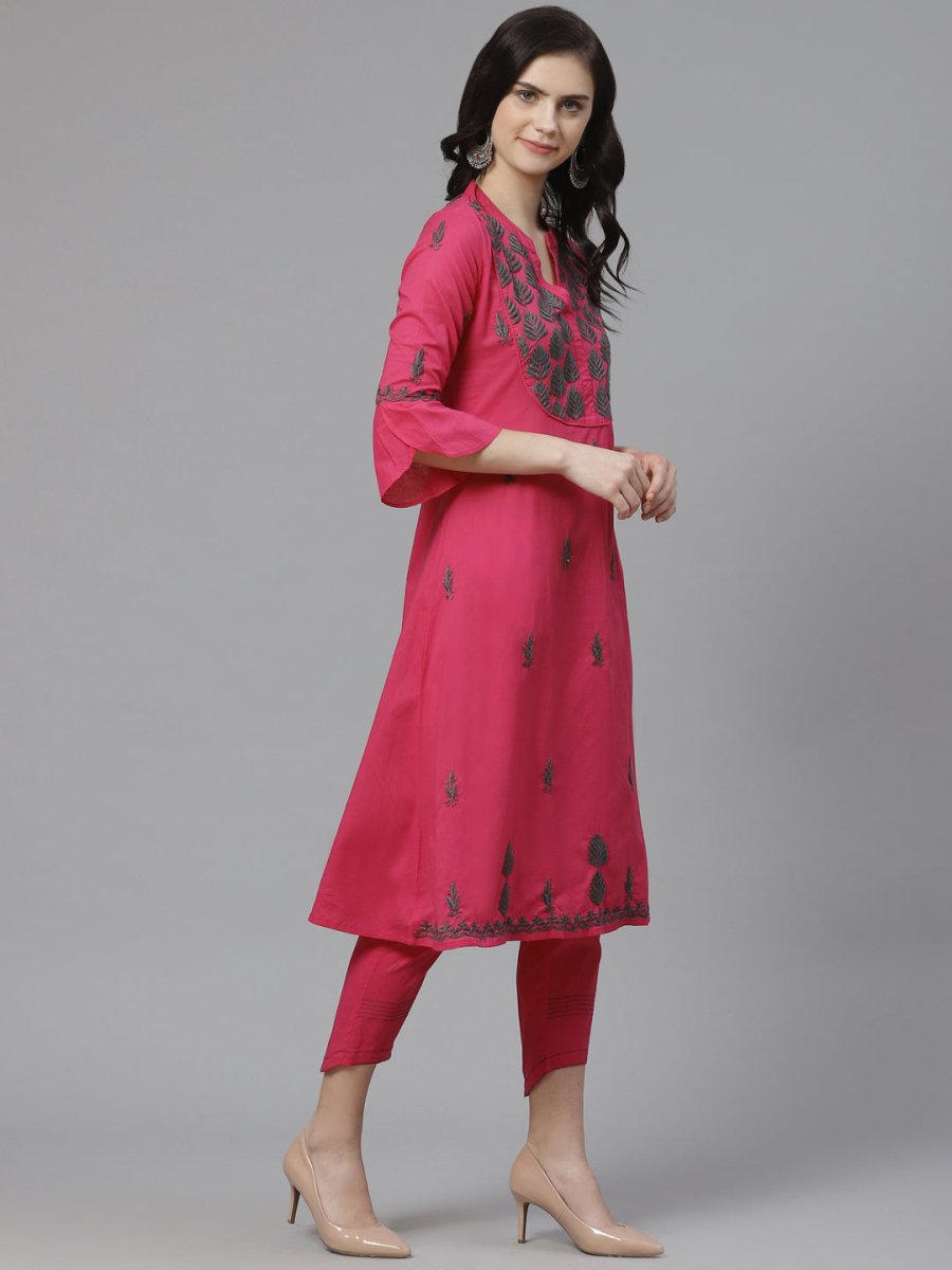 ADA Women Pink & Charcoal Grey Chikankari Embroidered Sustainable Handloom Kurta with Trousers | Swadesiicart