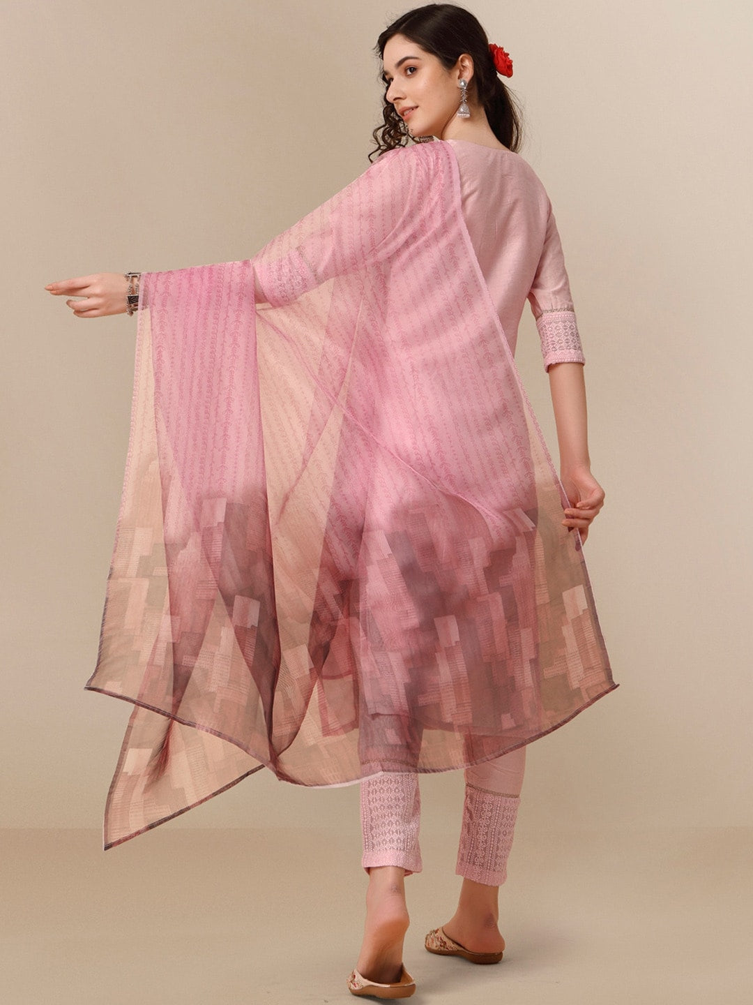 HERE&NOW Lucknowi Chikankari Schiffli Chanderi Silk Kurta Trousers with Organza Dupatta | Swadesiicart