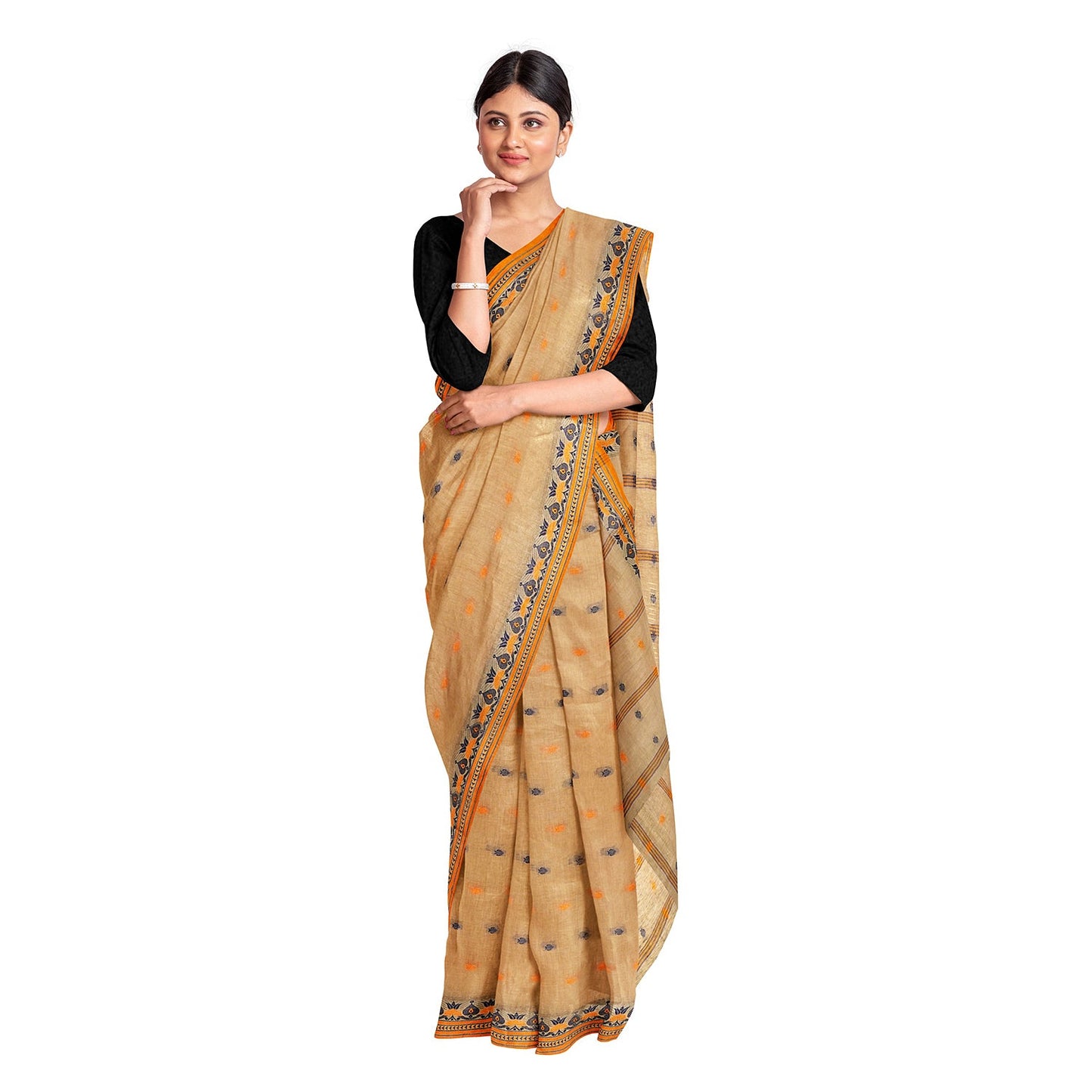 Exclusive Collection 100% Pure Cotton Biege Tant Saree With Hand Weaving Work - Swadesiicart