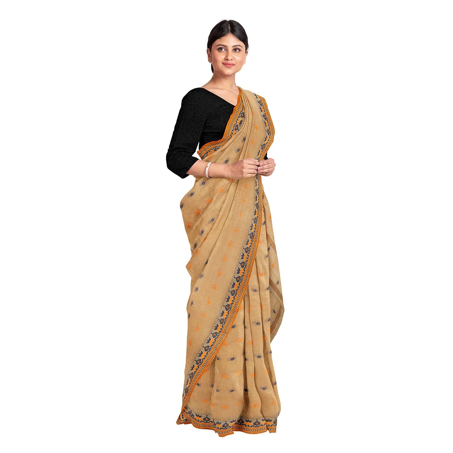 Exclusive Collection 100% Pure Cotton Biege Tant Saree With Hand Weaving Work - Swadesiicart