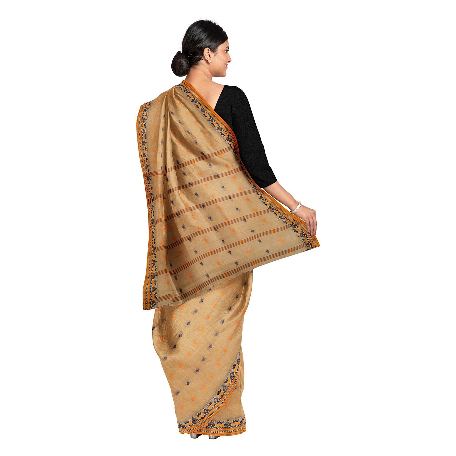 Exclusive Collection 100% Pure Cotton Biege Tant Saree With Hand Weaving Work - Swadesiicart