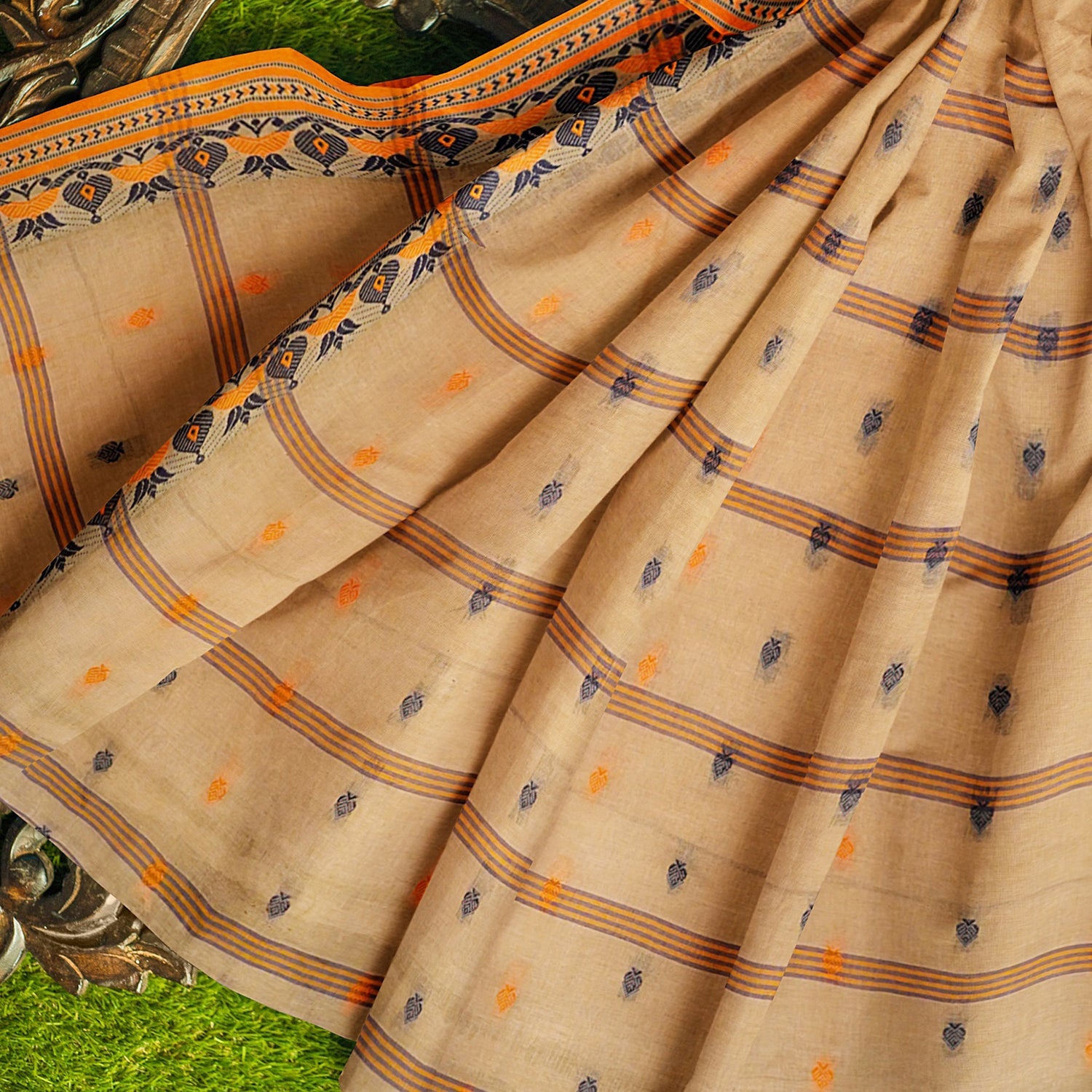 Exclusive Collection 100% Pure Cotton Biege Tant Saree With Hand Weaving Work - Swadesiicart