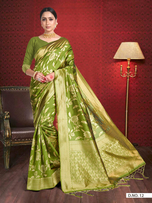 Vardha Olive Green Woven Banarasi Saree | Swadesiicart