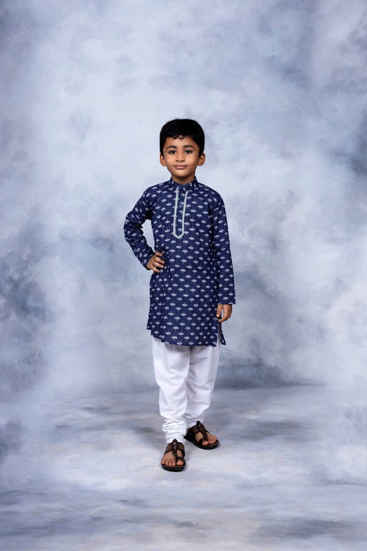 Ahalyaa Boys Navy Blue Pure Cotton Digital Print Kids Kurta Churidar Set | Swadesiicart