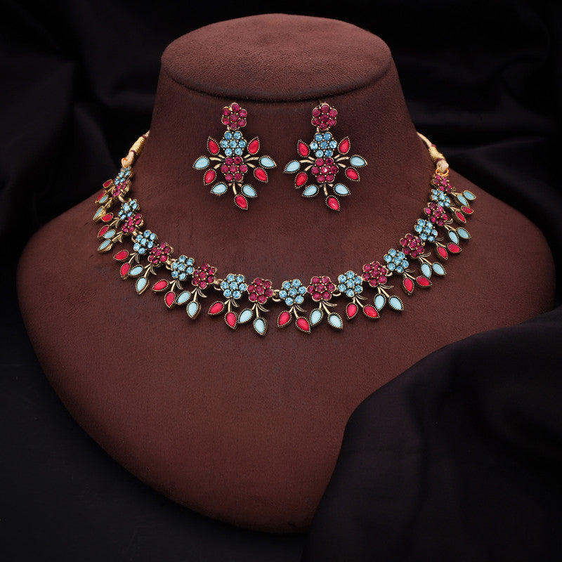 Tehzeeb Creations Brass Gold-Polished Gold, Pink, Blue Jewel Set - Swadesiicart