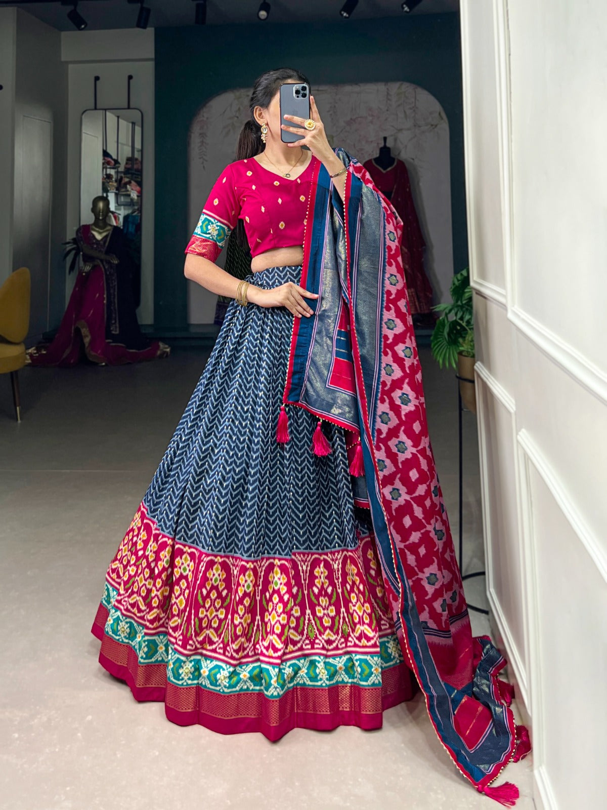 Lorenvalley Blue Tussar Silk Patola With Foil Print Lehenga Choli | Swadesiicart