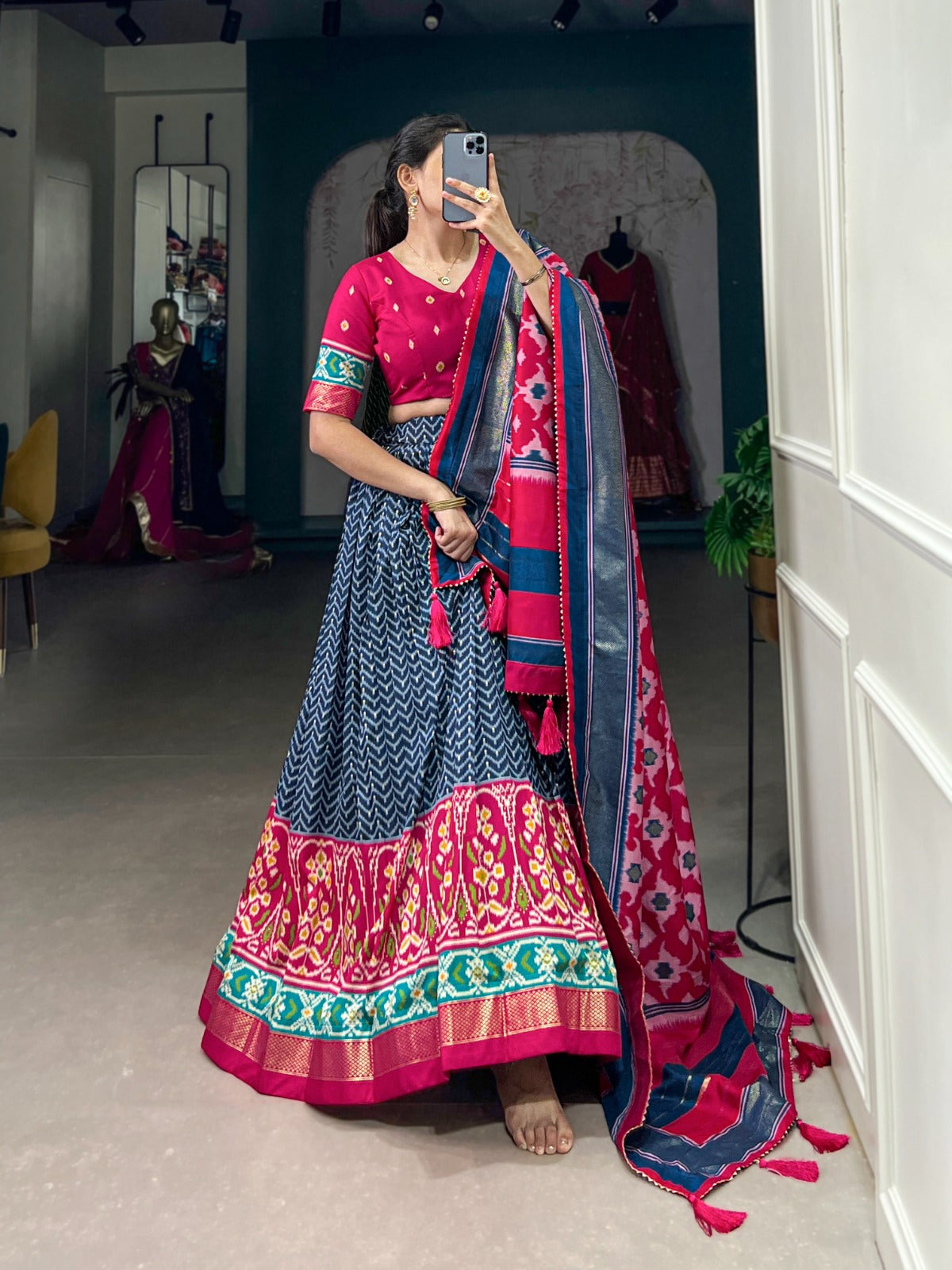 Lorenvalley Blue Tussar Silk Patola With Foil Print Lehenga Choli | Swadesiicart