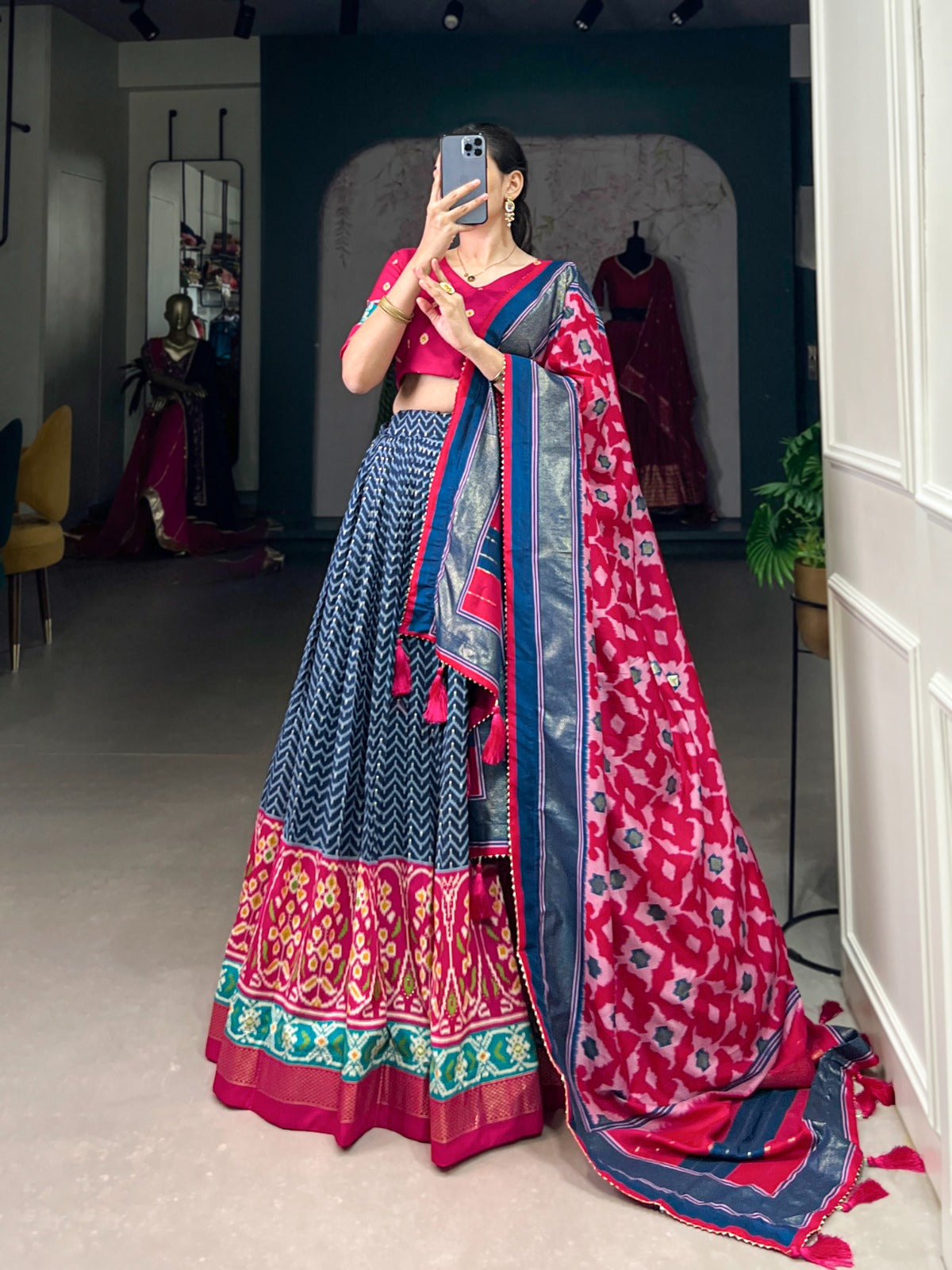 Lorenvalley Blue Tussar Silk Patola With Foil Print Lehenga Choli | Swadesiicart
