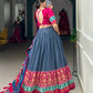 Lorenvalley Blue Tussar Silk Patola With Foil Print Lehenga Choli | Swadesiicart