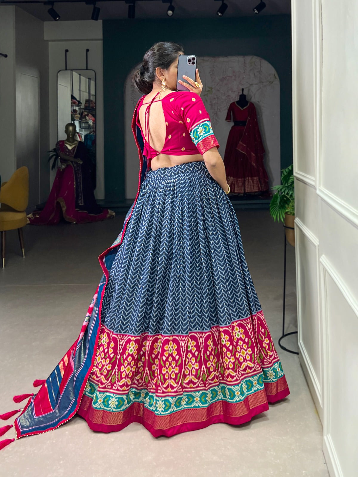 Lorenvalley Blue Tussar Silk Patola With Foil Print Lehenga Choli | Swadesiicart