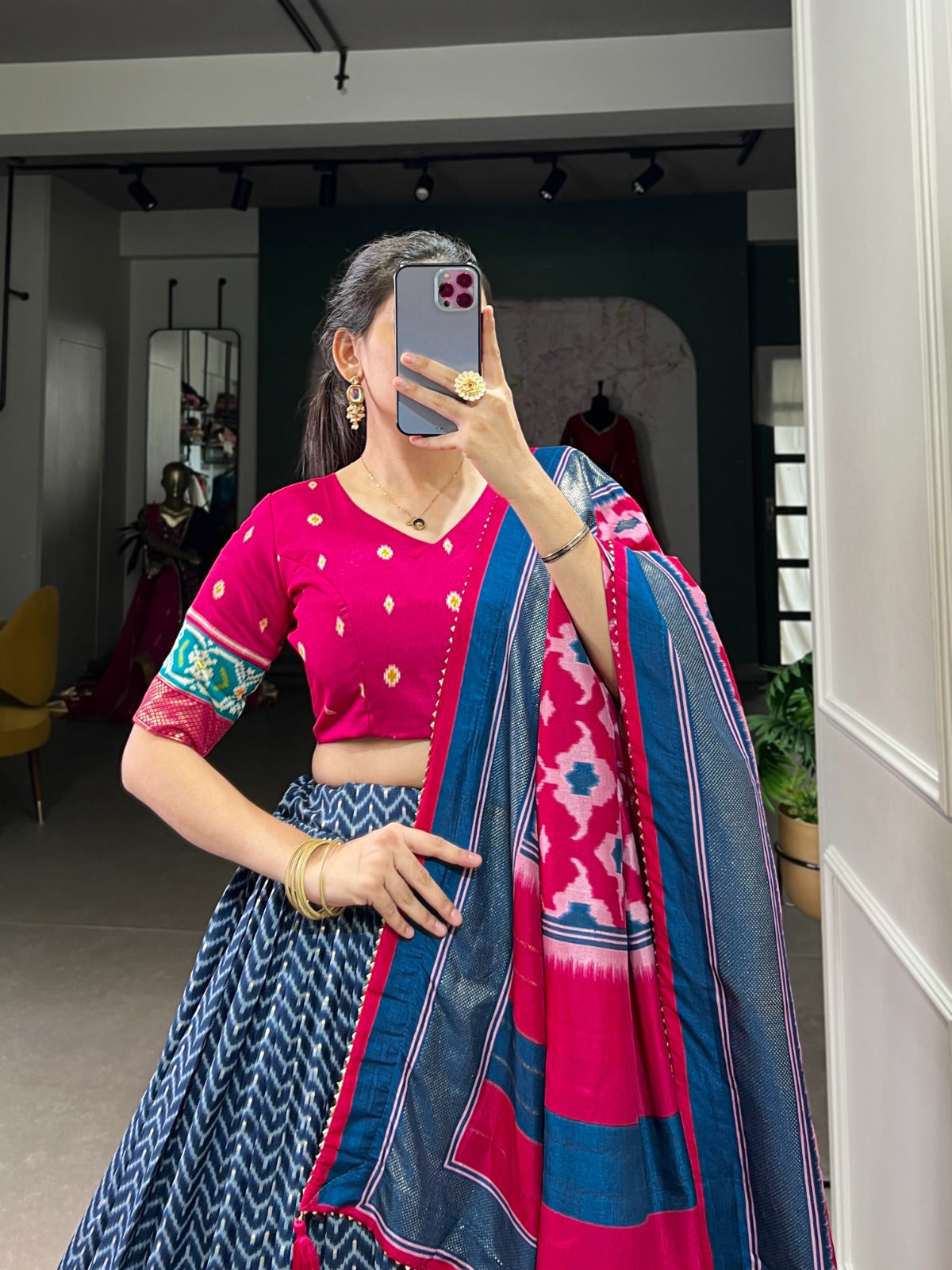 Lorenvalley Blue Tussar Silk Patola With Foil Print Lehenga Choli | Swadesiicart