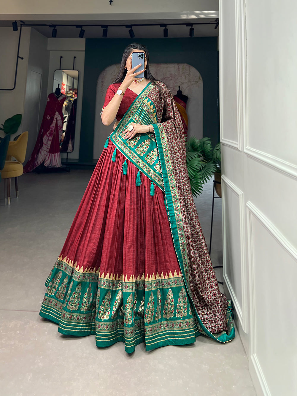Lorenvalley Fashion Red Tasar Silk Print With Foil Print Lehenga Choli with Dupatta | Swadesiicart