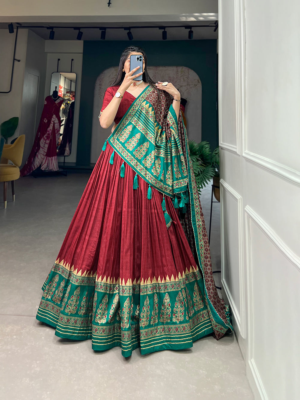 Lorenvalley Fashion Red Tasar Silk Print With Foil Print Lehenga Choli with Dupatta | Swadesiicart