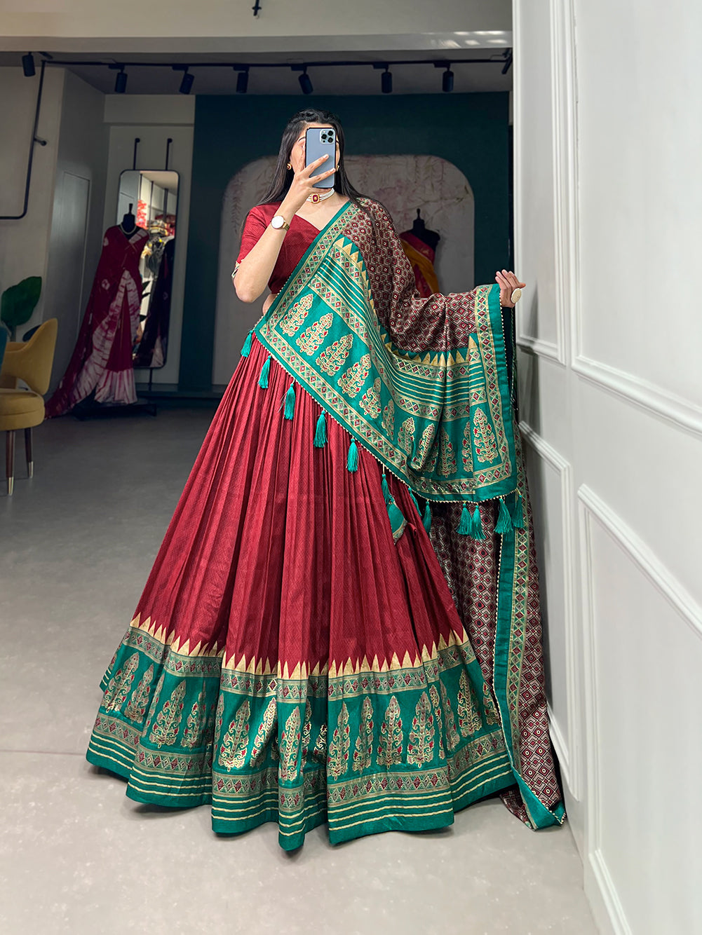 Lorenvalley Fashion Red Tasar Silk Print With Foil Print Lehenga Choli with Dupatta | Swadesiicart