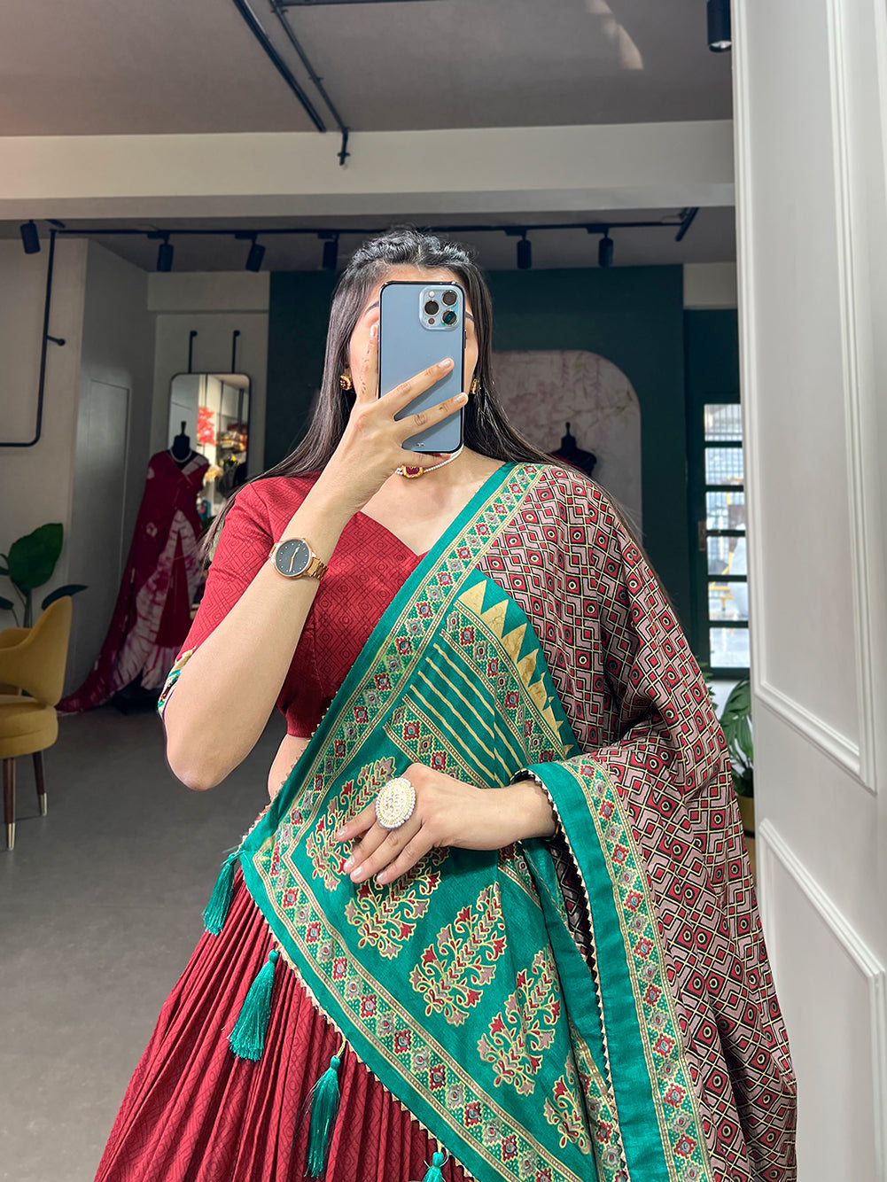 Lorenvalley Fashion Red Tasar Silk Print With Foil Print Lehenga Choli with Dupatta | Swadesiicart