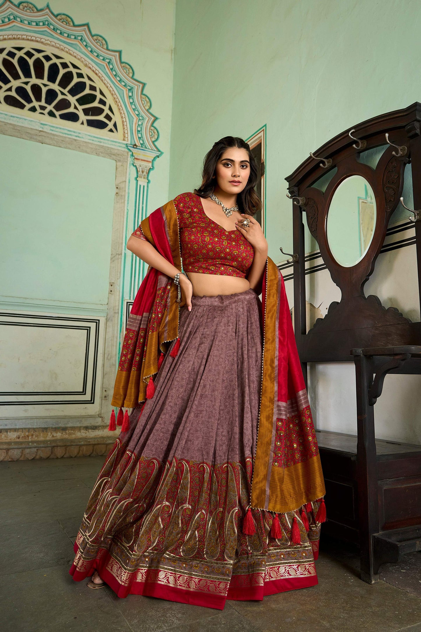 Lorenvalley Fashion Multicolor Tasar Silk Kashmiri Print With Foil Print Lehenga Choli with Dupatta - Swadesiicart