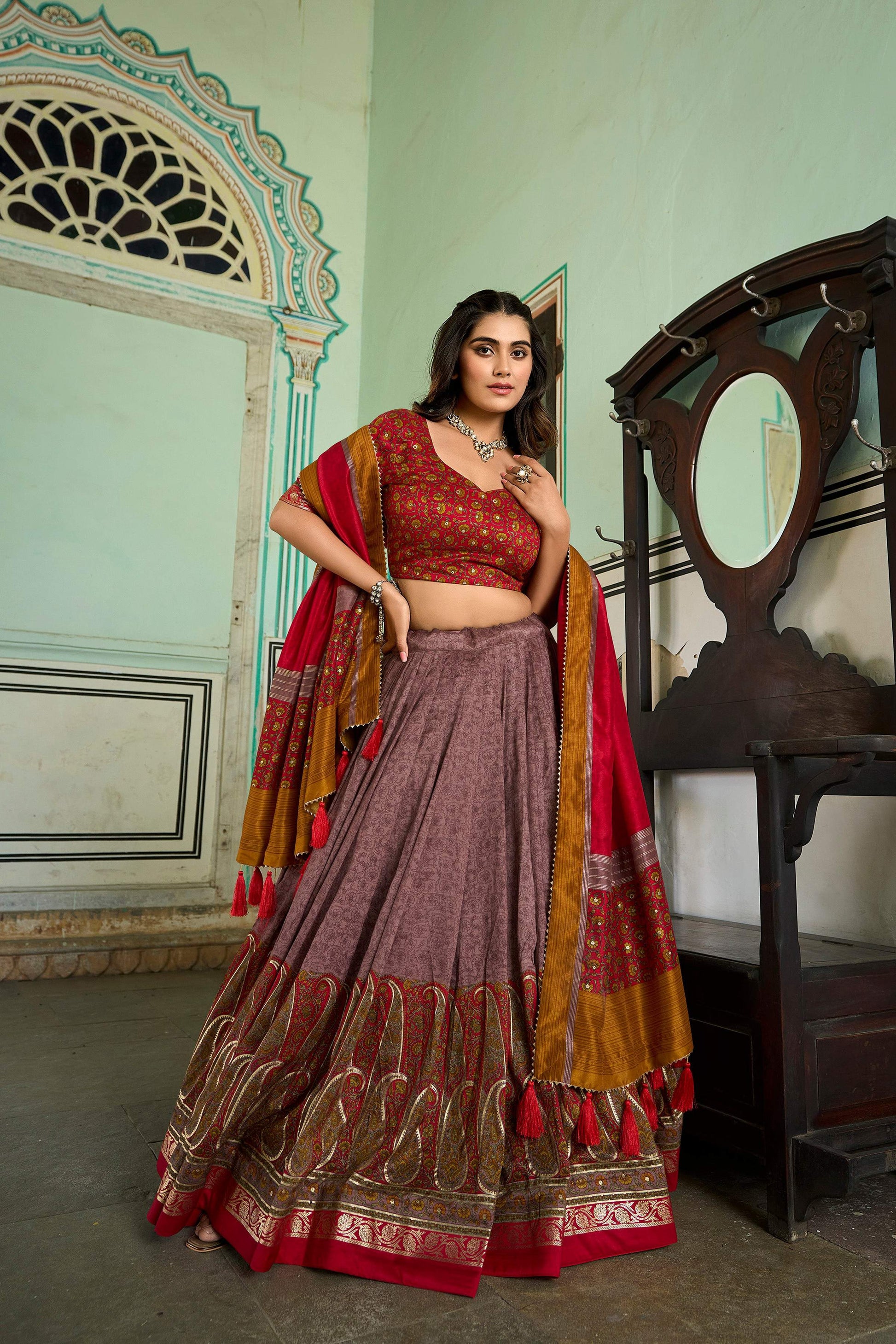 Lorenvalley Fashion Multicolor Tasar Silk Kashmiri Print With Foil Print Lehenga Choli with Dupatta - Swadesiicart