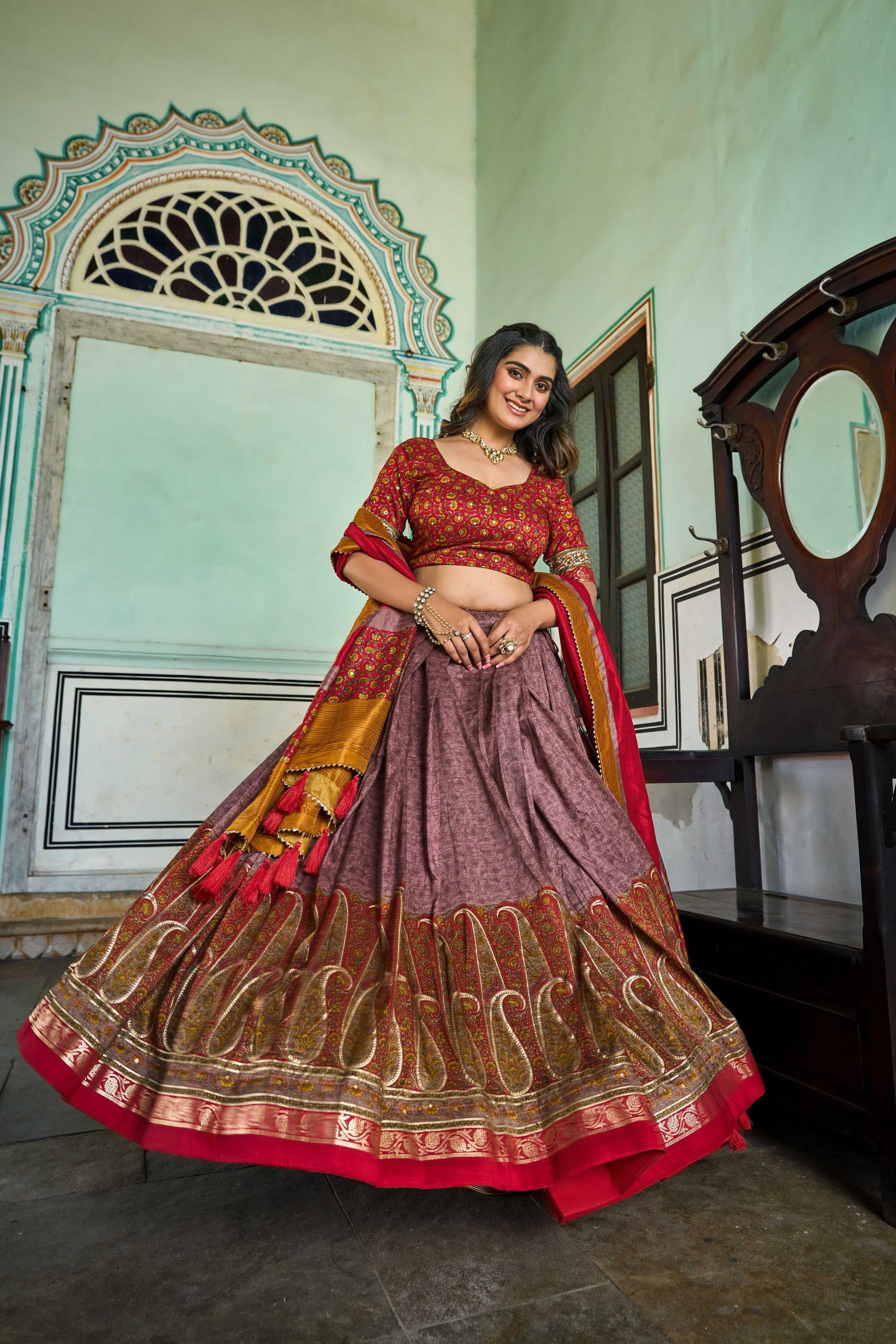 Lorenvalley Fashion Multicolor Tasar Silk Kashmiri Print With Foil Print Lehenga Choli with Dupatta - Swadesiicart