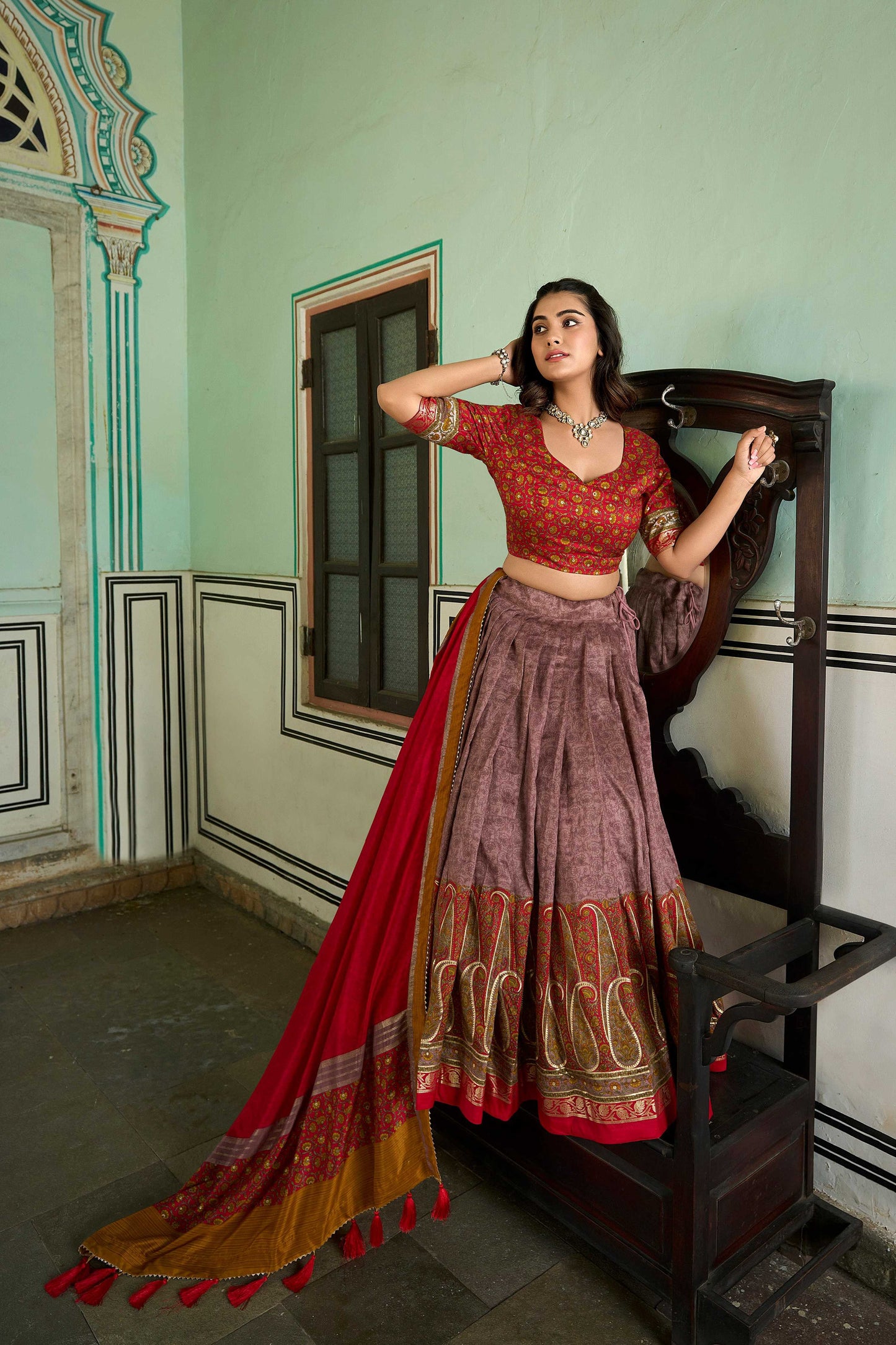Lorenvalley Fashion Multicolor Tasar Silk Kashmiri Print With Foil Print Lehenga Choli with Dupatta - Swadesiicart