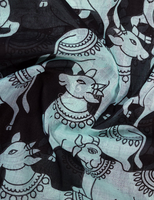 Gleaming Sea Blue And Black Pichwai Print Cotton Linen Saree By Gayathri Reddy Designer Studio | Swadesiicart