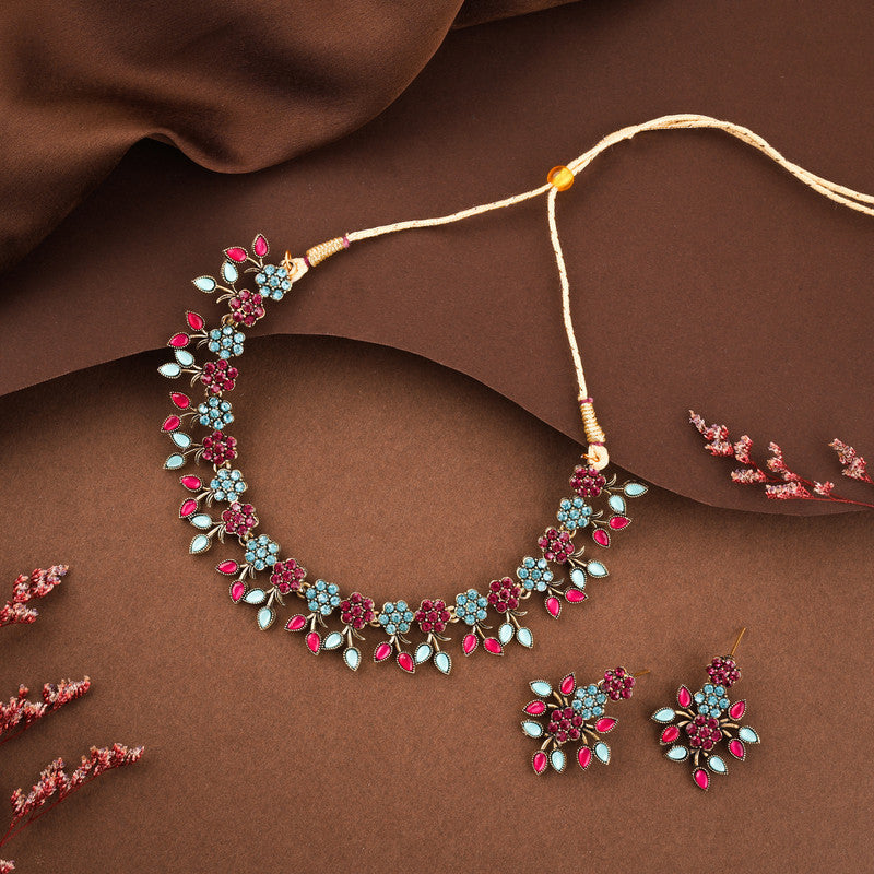 Tehzeeb Creations Brass Gold-Polished Gold, Pink, Blue Jewel Set - Swadesiicart