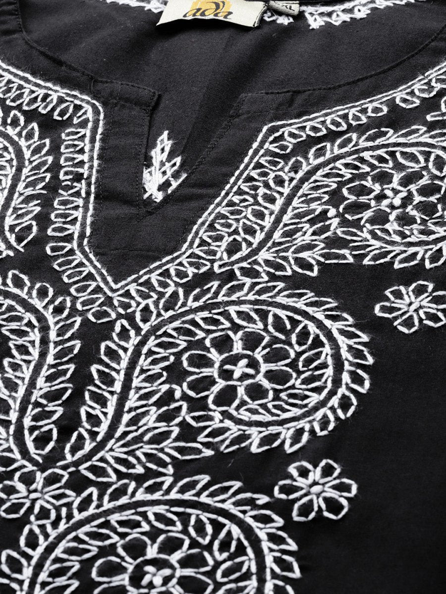 ADA Women Plus Size Black & White Chikankari Hand Embroidered Sustainable Straight Kurta | Swadesiicart