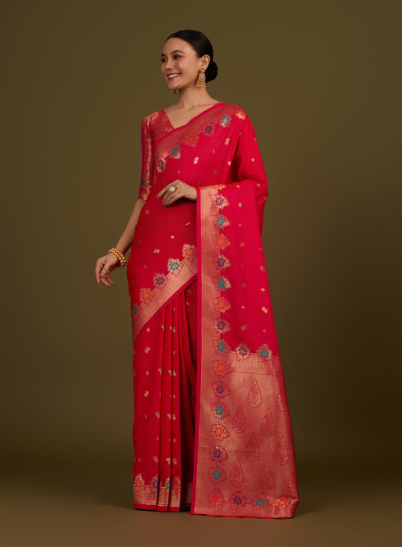 Monjolika Fashion Dark Pink Banarasi Silk Blend SareeWith Zari Woven Detailing | Swadesiicart