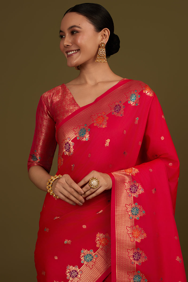 Monjolika Fashion Dark Pink Banarasi Silk Blend SareeWith Zari Woven Detailing | Swadesiicart