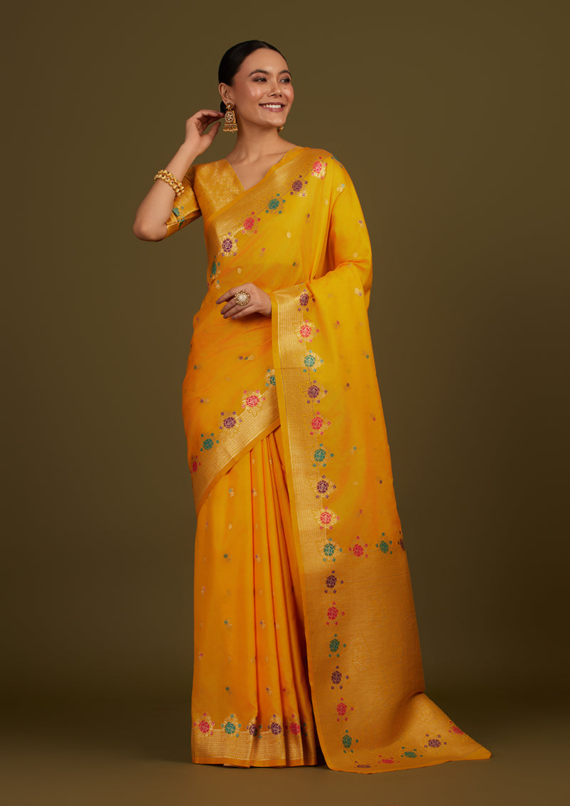 Monjolika Fashion Yellow Banarasi Silk Blend SareeWith Zari Woven Detailing | Swadesiicart