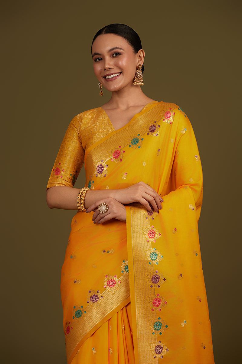 Monjolika Fashion Yellow Banarasi Silk Blend SareeWith Zari Woven Detailing | Swadesiicart