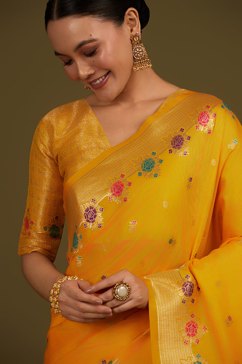 Monjolika Fashion Yellow Banarasi Silk Blend SareeWith Zari Woven Detailing | Swadesiicart